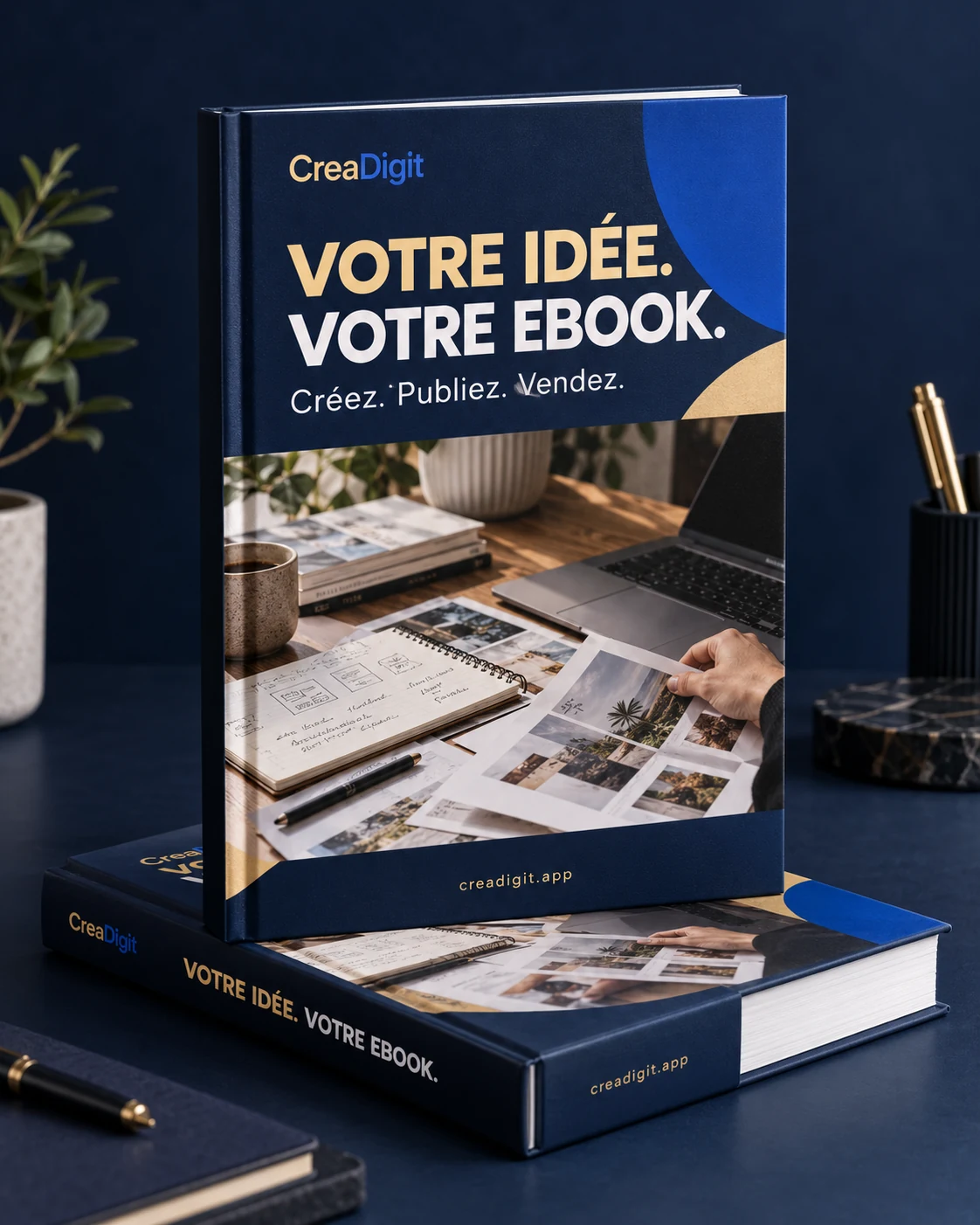 Livres CreaDigit bleu et or avec une couverture photographique : Votre idée. Votre ebook.